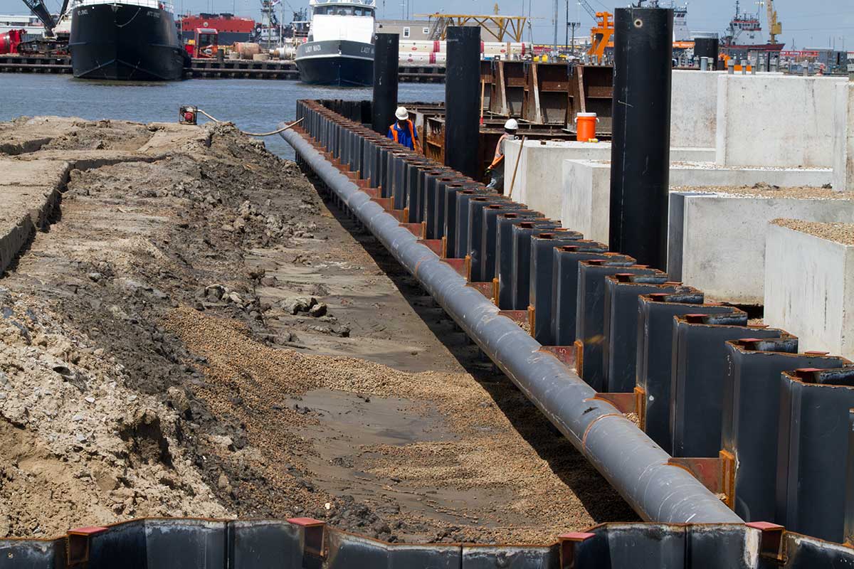 Lightweight aggregate next to steel pilings